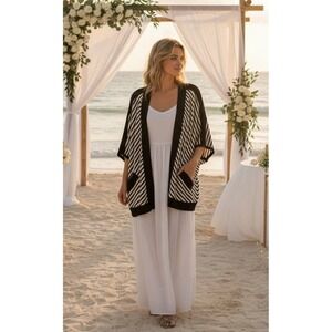 Chico's Travelers Collection Stripe Knit Sweater Jacket Black Gold Sz 3 NWT